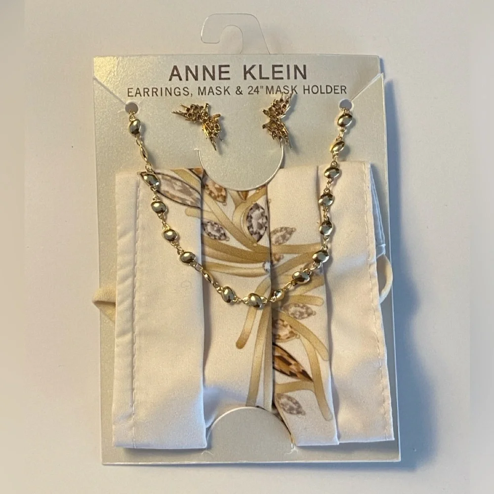 Anne Klein Gold Tone and Crystal Butterfly Earrings and Mask with 24” Mask Chain